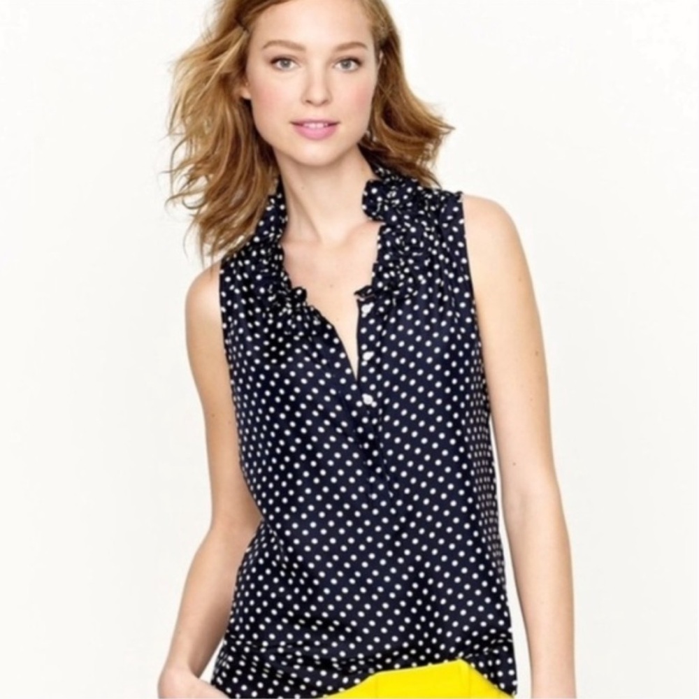 J.Crew navy blue white polka dot sleeveless ruffle-neck blouse tank top 💯 Silk 6